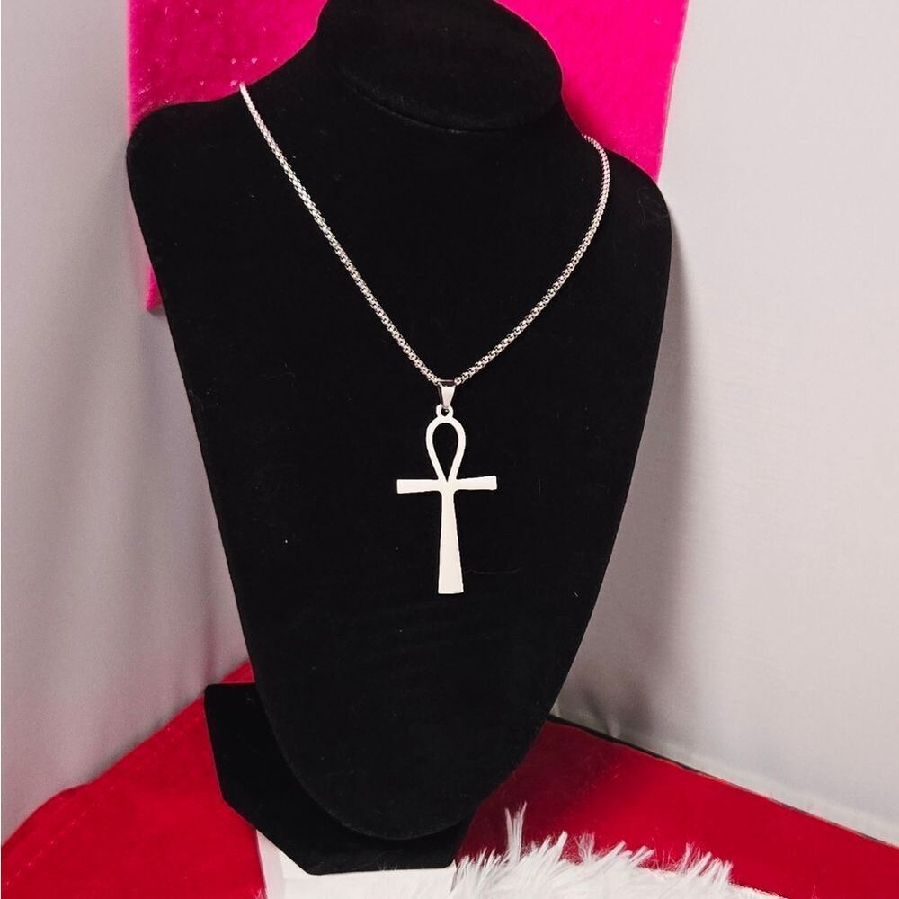Stainless Steel Ankh Cross Pendant Necklace 20" Box Chain Unisex Edgy Spiritual